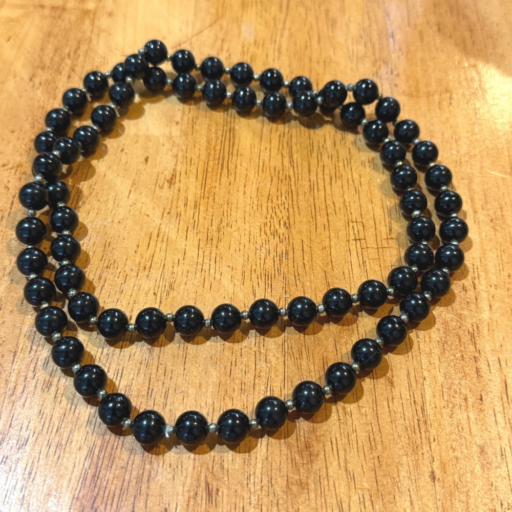 Vintage Black Round Bead Continuous Strand Necklace Silver Spacers 18 Inch Long